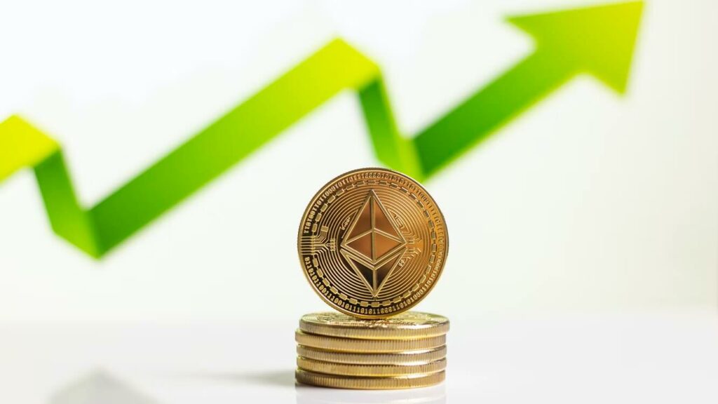 A stack of Ethereum coins in front of an ascending chart pattern